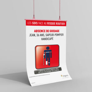 Illustration de l'affiche sur l'absence de guidage face au risque routier chez les sapeurs-pompiers