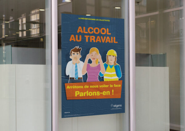 Illustration de l'affiche sur l'alcool au travail avec le texte "arrêtons de nous voiler la face, parlons-en"