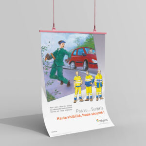 Illustration de l'affiche de prévention dans les collectivités territoriales sur l'importance de porter des vêtements visibles pour plus de sécurité