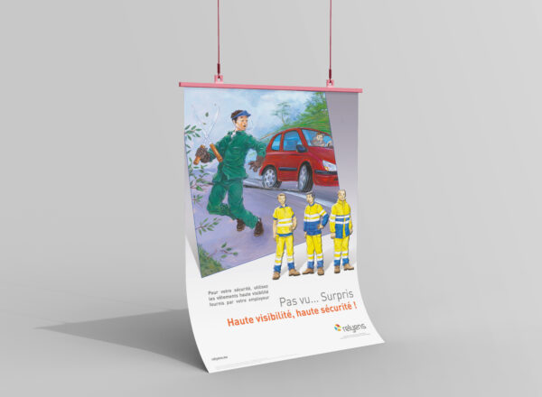 Illustration de l'affiche de prévention dans les collectivités territoriales sur l'importance de porter des vêtements visibles pour plus de sécurité