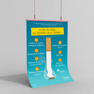 Illustration de l'affiche prévention tabac dans les collectivités territoriales et les établissements de santé avec le texte : arrêt du tabac, les bienfaits pour demain.