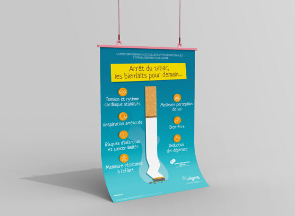 Illustration de l'affiche prévention tabac dans les collectivités territoriales et les établissements de santé avec le texte : arrêt du tabac, les bienfaits pour demain.