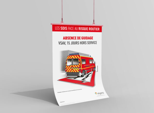 Illustration de l'affiche sur les SDIS face au risque routier et l'absence de guidage : VSAV, 15 jours hors service