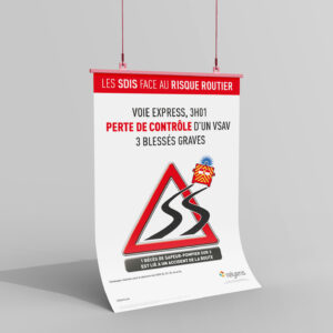 Illustration de l'affiche sur les SDIS face au risque routier et les conséquences d'une perte de contrôle : blessés graves