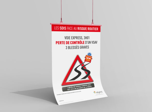 Illustration de l'affiche sur les SDIS face au risque routier et les conséquences d'une perte de contrôle : blessés graves