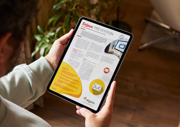 Image d'un article rédigé par Relyens sur les bonnes pratiques dans l'utilisation des mails. Le contenu est lu par une personne sur sa tablette.